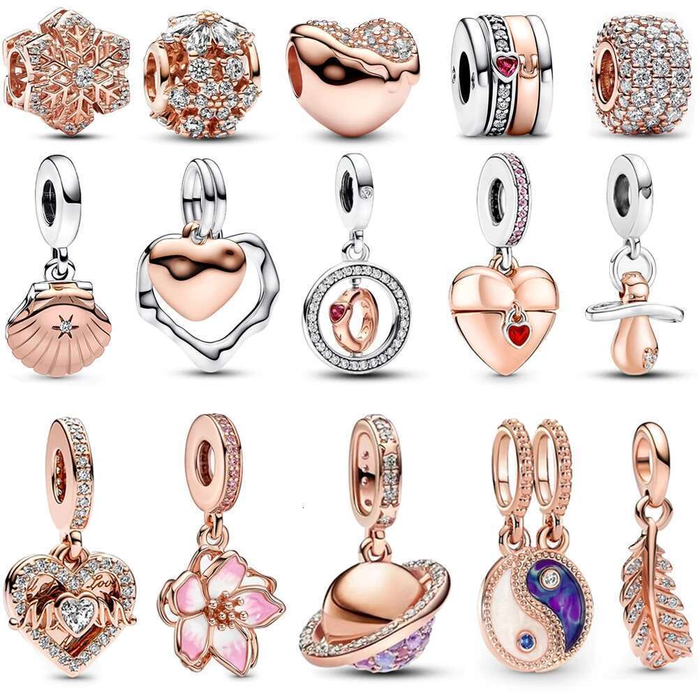 925 Sparking Rose Gold Pave Triple-row Beads Pink Gem Entwined Hearts Charm Fits sterling silver Bracelet For 925 Sterling Silver Necklace DIY For Wom