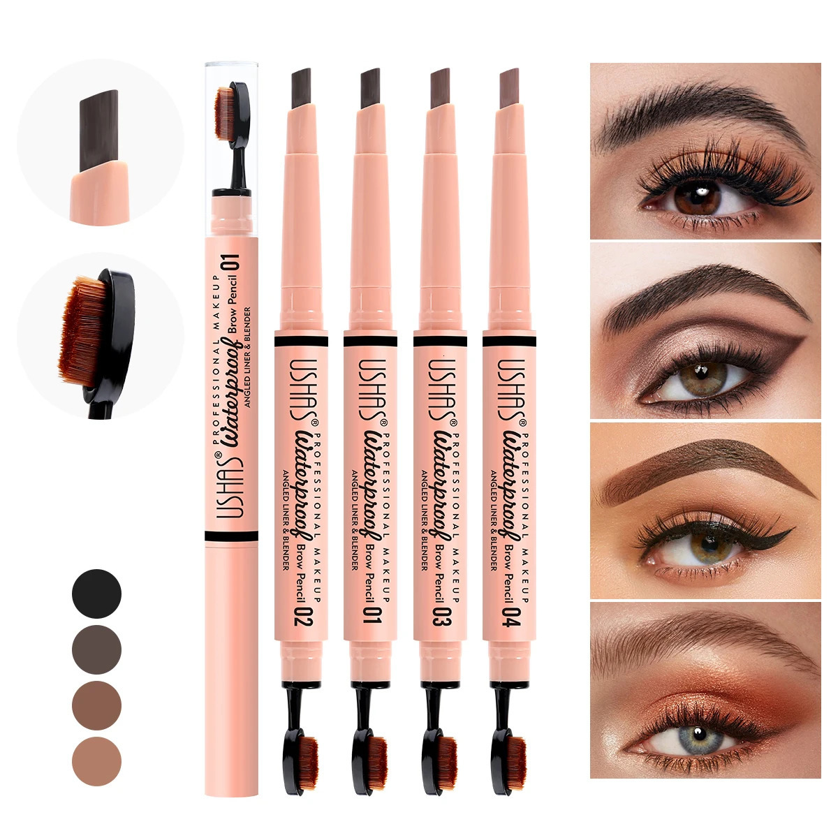 USHAS 4 Color Brow Pencil Long-lasting Waterproof Rotating Double-headed Eyebrow Pencil with Brow Brush 2 In 1 Eyebrow Cosmetics 250222