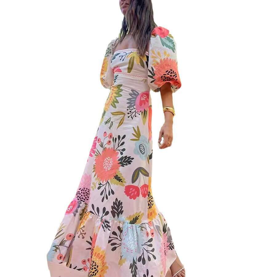 European and American One Word Neck Printed Lantern Sleeve Slim fit Large Swing Cotton Hemp Dress 2025 New Leisure Fashion Trendy Clothing