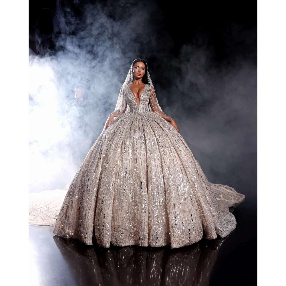 of Ball Gown Sexy Wedding Deep V Neckline Sequin Applicator Pearls Chapel Custom Train Sweep Novia Dresses