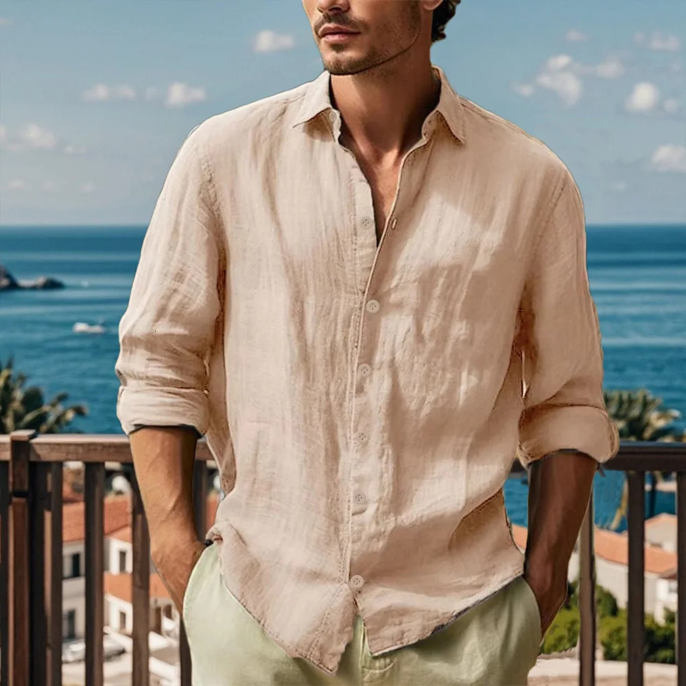 Mens Cotton Linen Solid Long Sleeve Shirt Turn Down Collar Hawaiian Lightweight Breathable Shirt Casual Male Cozy Streetwear 250227