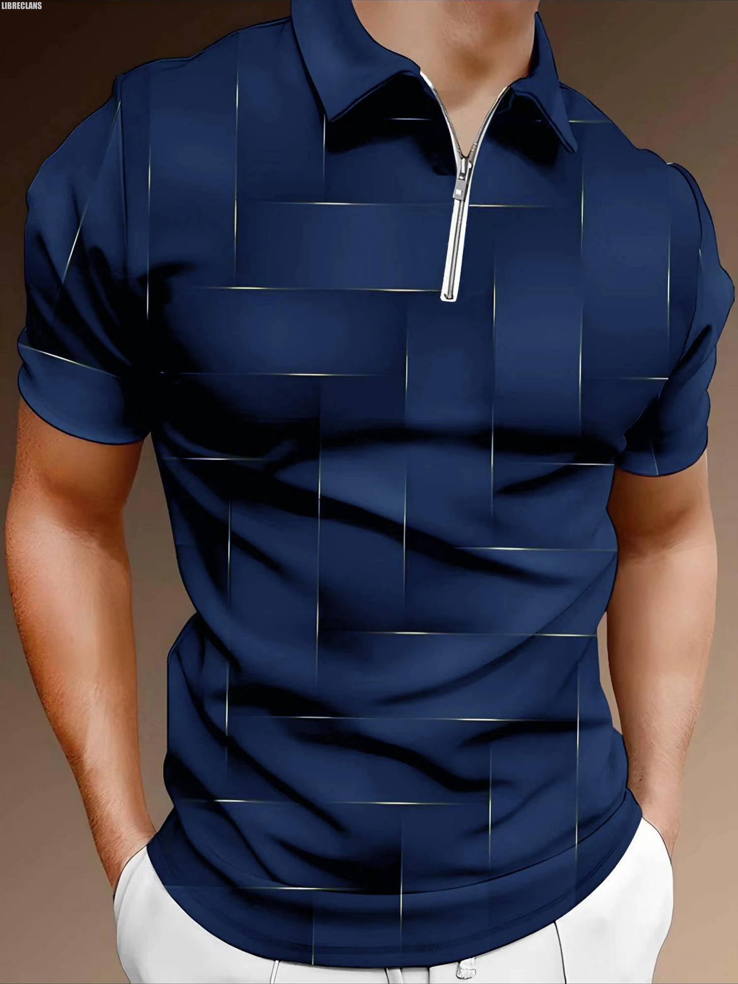 Vintage Gold Plaid Pattern 3D Printing Mens Zipper Polo Shirt Summer Fashion Short-Sleeved Top Harajuku Streetwear 250304