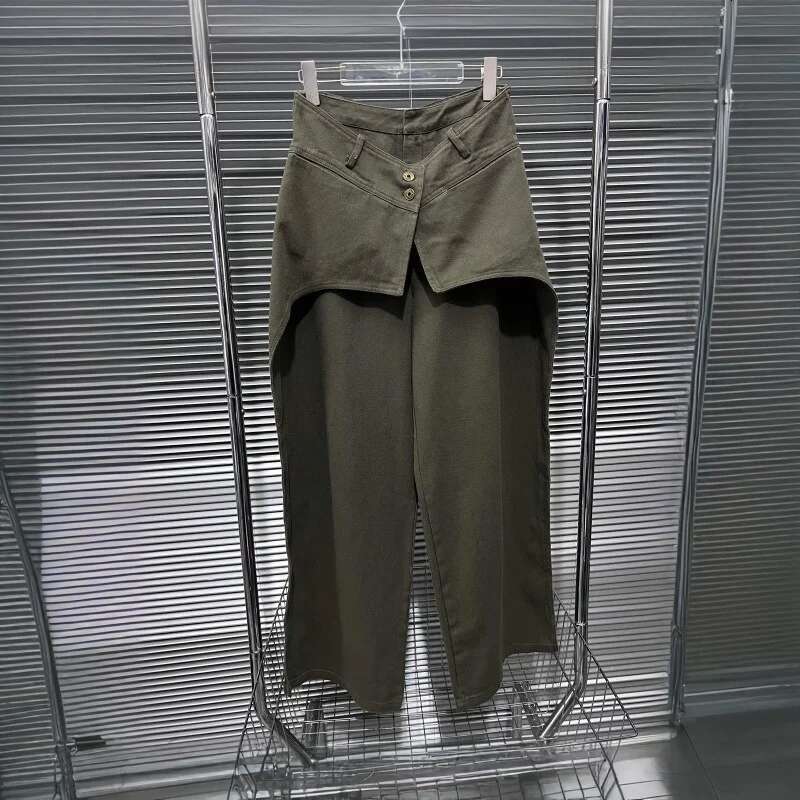 Fashion Fake Two-Piece Straight Solid Color Denim Long Pants For Women Button Patchwork Loose Jeans Female 11A02525