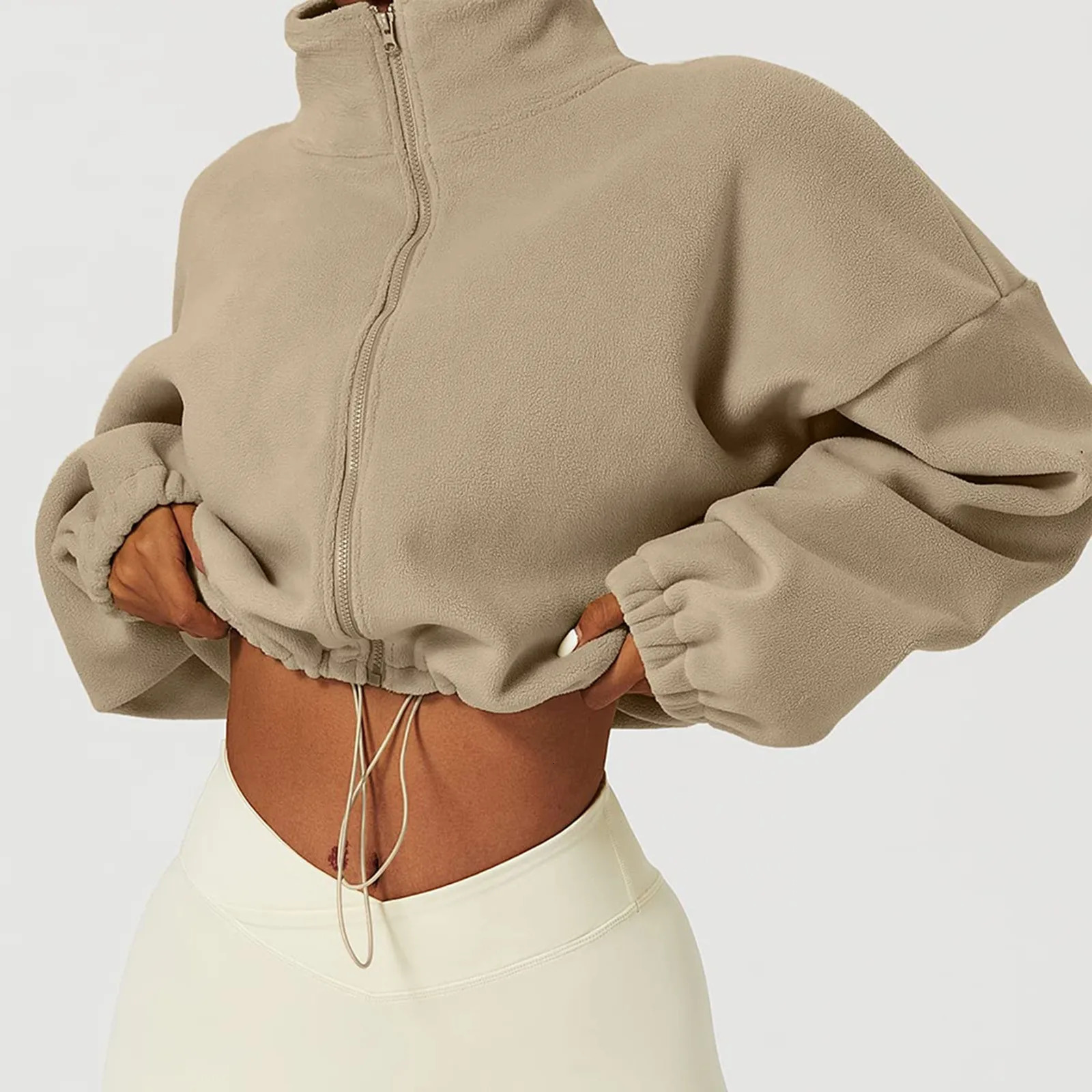 Harajuku Fleece Sweatshirt Jacket Women Y2k Zip Up Oversized Crop Top Coats Streetwear Winter Long Sleeve Stand Collar Jackets 250226