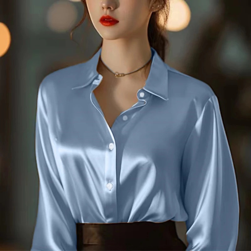 Solid Color Elegant Office Ladys Satin Shirt All-Match Trendy Women Shirts And Blouses Basic Chic Top Autumn French Chic Shirt 250303