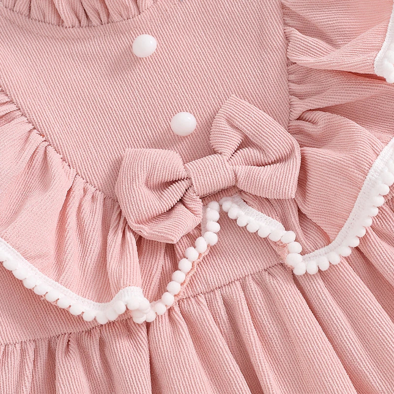 Sweet Kids Baby Girls Long Sleeve Corduroy Princess Dress Autumn Mock Neck Ruffled Children Clothes 250303