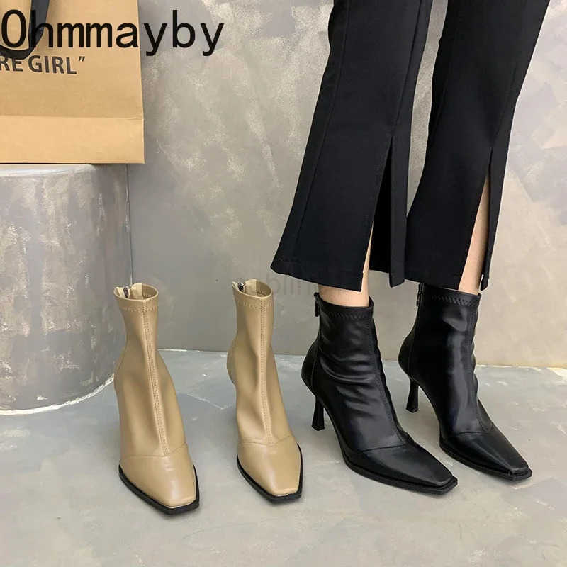 High Heel Wen Streh Slim Ankle Boots Fion Elegant Square Toe Short Booties Autumn Winter Laides Warm Fleeces Shoes Z250304