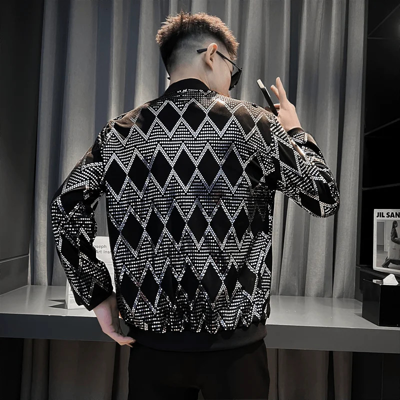 Y2K Mens Streetwear Night Club Stage Thin Motorcycle Jackets Fashion Men Hip Hop Sequined Bombers Jacket Coat Fashion Clothing 250303