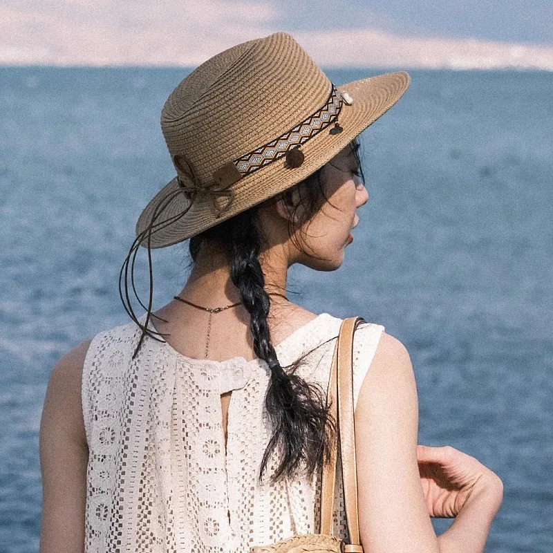 2025 Fashion Bohemia Style Vacation Straw Hat Women Beach Grassland Travel Retro Cowboy Sun Hat Womens Wide Brim Panama 250227
