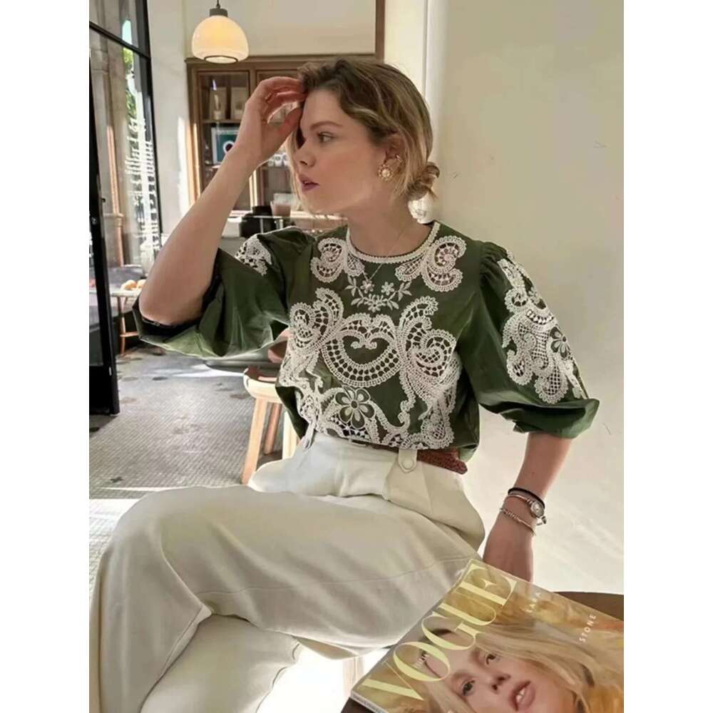 2025 Early Autumn Women O-Neck Blouse Three Dimensional Embroidery Hollow Out Green Vintage Long Puff Sleeve Female Shirt