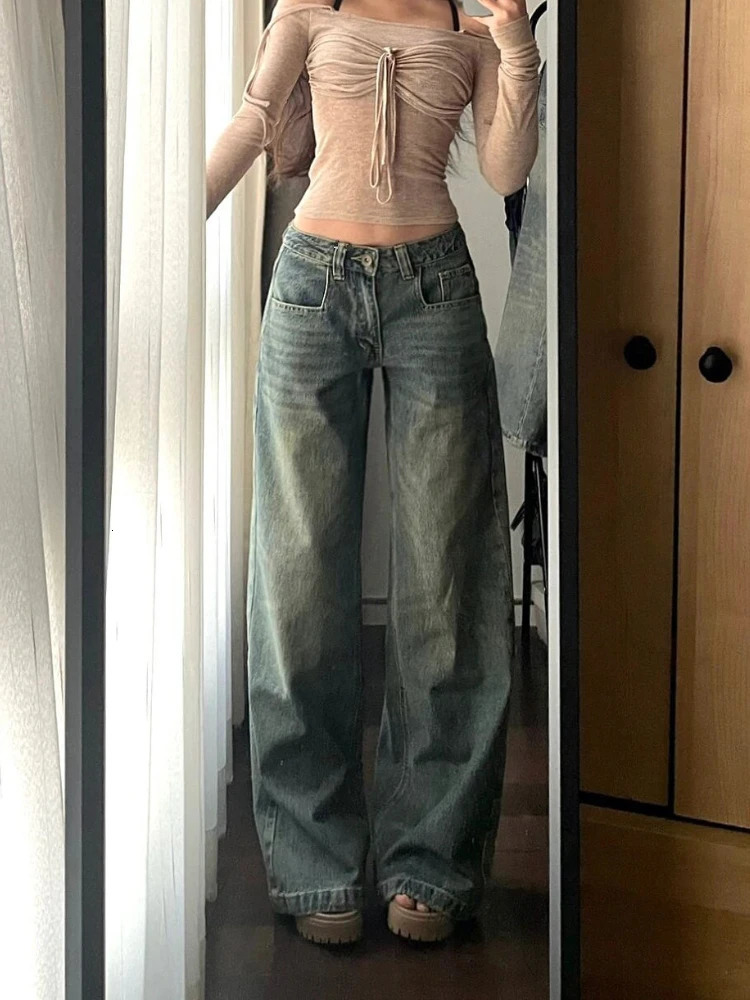 HOUZHOU Y2k Vintage Baggy Jeans for Women Washed Casual High Waist Loose Denim Pants Streetwear Korean Wide Leg Jeans Trousers 250228