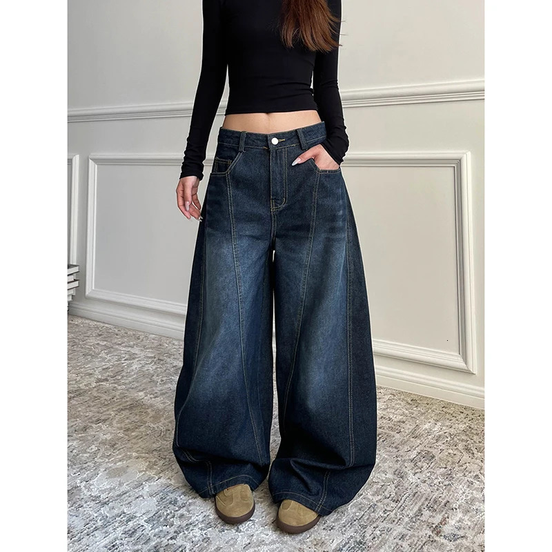 Blue Womens Retro Y2K 2000s Wide Leg Baggy Casual Denim Trouser High Waist Loose Jeans Autumn Harajuku Full Length Pants 250228