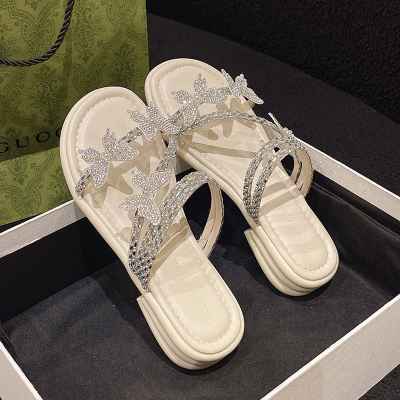 2025 new women's summer outdoor flat shoes designer, internet celebrity butterfly rhinestone with skirt, two pairs of sandals, trendy sandals, fa