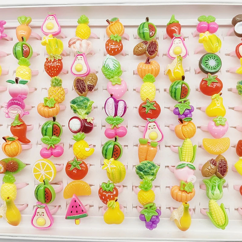 100pcs/Lot Factory Wholesale Open Adjust Child Finger Rings for Party Cosplay Show Resin Jewelry Cute Girls Animal Foods Fruits 250304