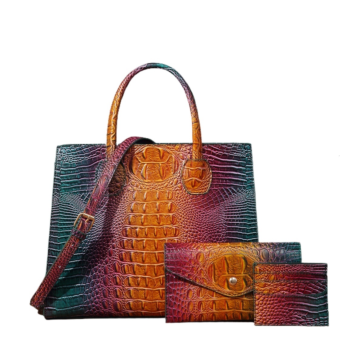 3 Pcs Crocodile Pattern Handbag Purses Set, Multi-Functional Vintage Top Handle Crossbody Business Clutch Bag & Card Coi