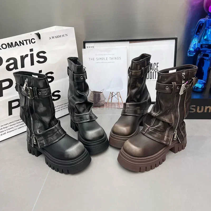 Winter Wen Biker Boots Fion Belt Buckle Ladies Elegant Platform Flats Mid Calf Booties Casual Wens Knight Booties Z250304