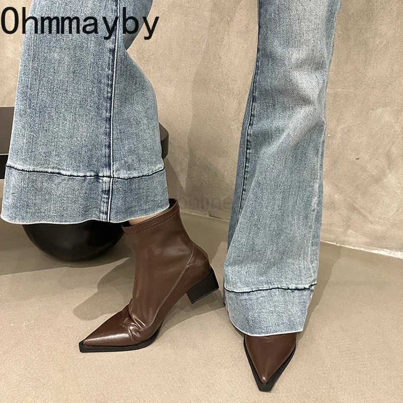 Vintage Pointed Toe Wen Ankle Boots Fion Elegant Soft Leather Shoes Autumn Winter Low Heel Wens Short Booties Z250304