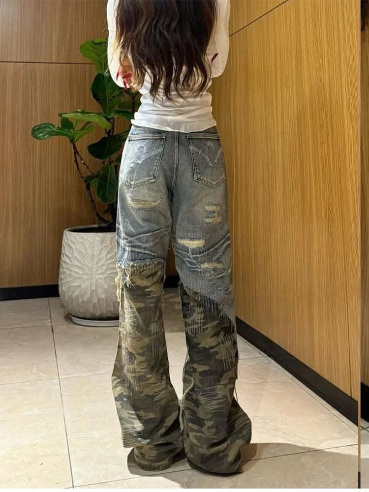Women Gyaru Y2K Camouflage Patchwork Flare Low Rise Damage Denim Pants Hole Bell-Bottom Long Trousers Jeans Punk Trumpet Pants 250303