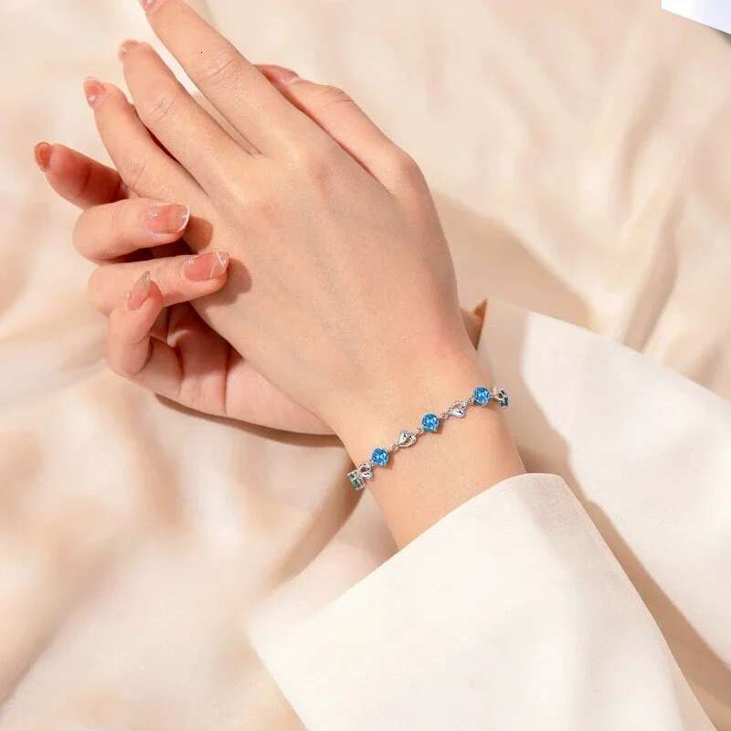 Sterg Sier Heart Shaped Necklace Bracelet for Women Vintage Korean Blue Crystal Bracelets Set Party Jewelry