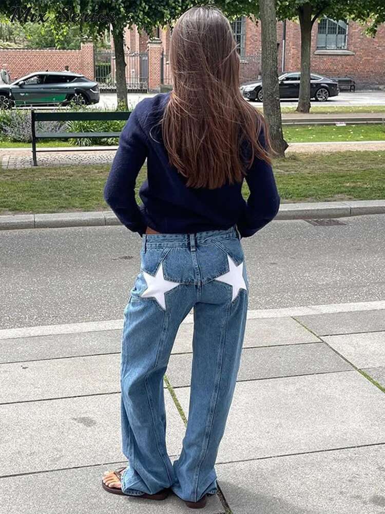 Star Print Straight Leg Jeans Women Casual Pocket Zipper Low Waist Long Denim Pants 2025 Spring New Lady Loose Bottom Streetwear