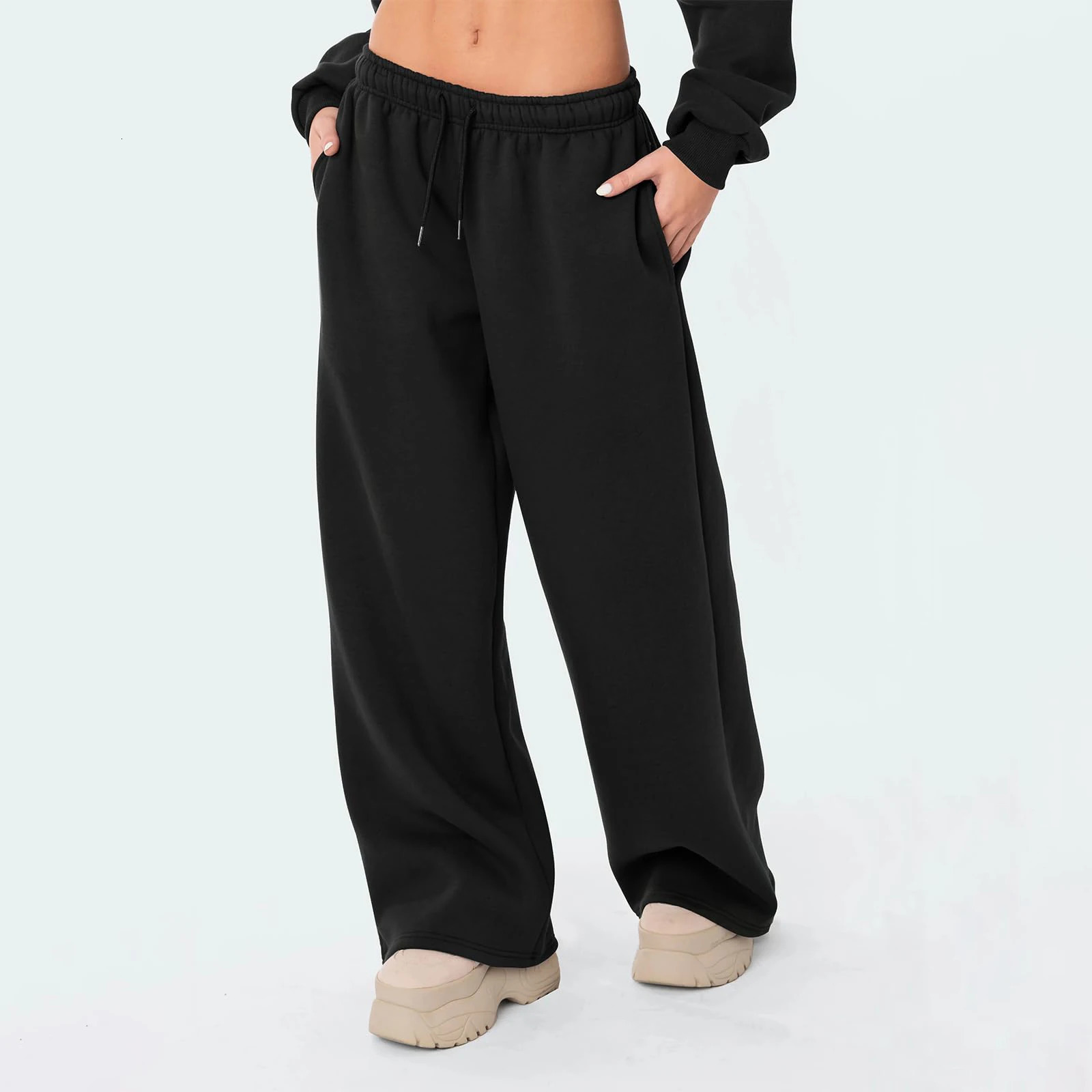 Fashion Womens Casual Pants Joggers Sweatpants Solid Color Drawstring High Waist Wide Leg Trousers Streetwear Casual Outfits 250303