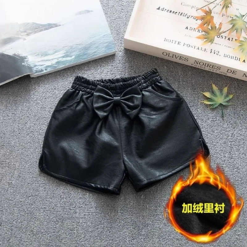 100-160cm Spring and Autumn Girls Fashion Pu Leather Shorts Baby and Childrens Clothing 250304
