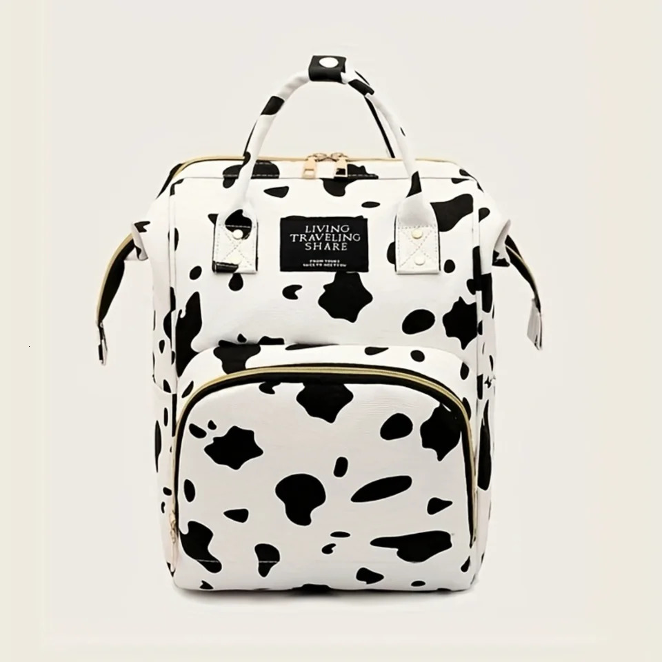 Ship from US Stylish Cow Pattern Backpack Trendy Zipper Rucksack Versatile Womens Travel Diaper Bag 250304FBB
