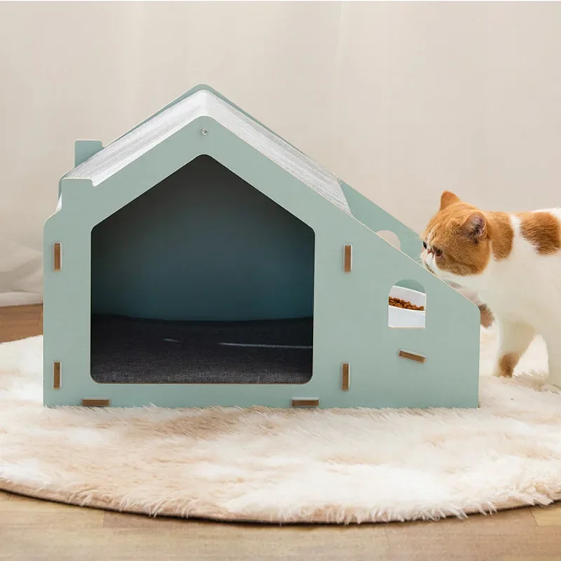 Enclosed Solid Wood Cat Nest Detachable Pet Villa Tip-Proof Cat Shelter Year-Round Comfortable Nest for Cats and Pets