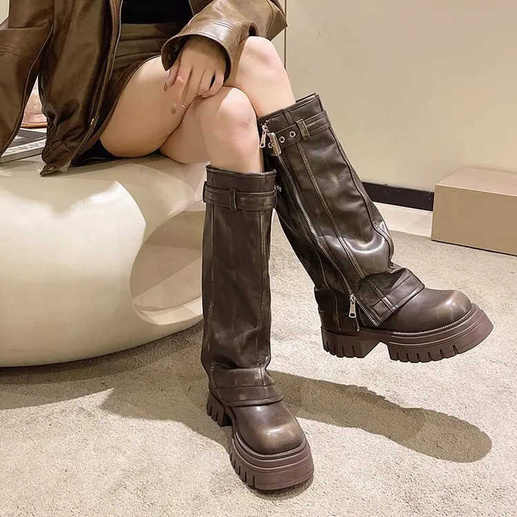 Wens Platform Boots 2024 Autumn Winter New Brown Tall Knight Boots Wern Cowboy Boots Versatile Ladies Shoes Zapatos Z250304