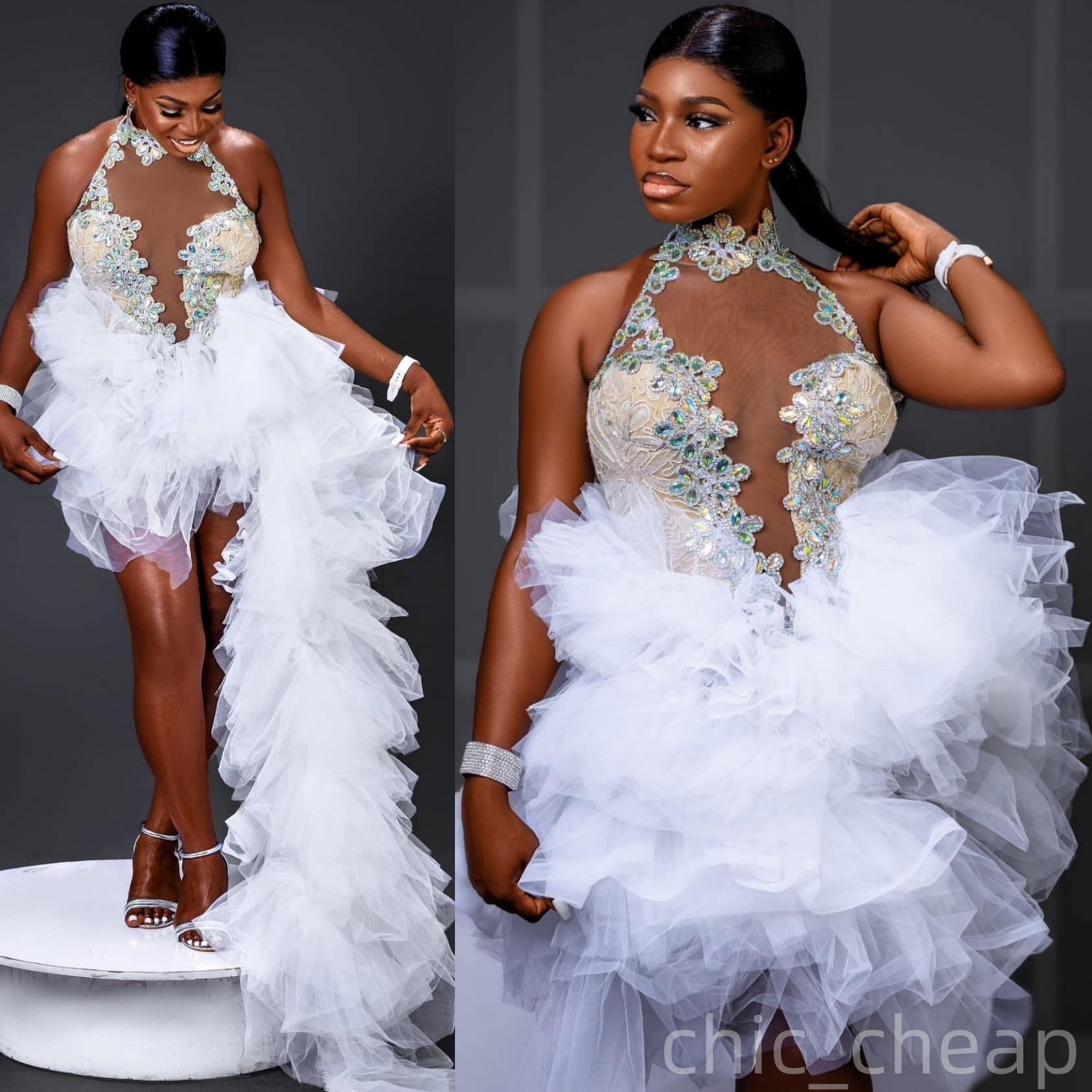 Chic White Illusion A-line Cocktail Dress Lace Crystals Tiers Sheer Neck Short Mini Graduation Homecoming Dresses For Special Occasions Sweetheart Gow
