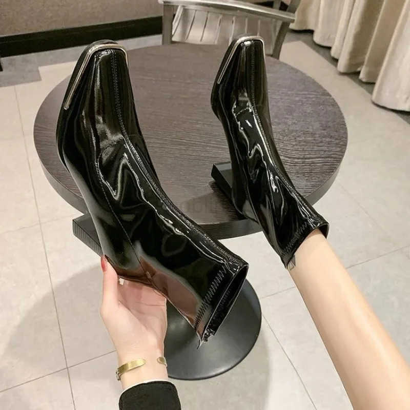 Wens Square Toe Short Boots Fionable Elastic Zipper Boots Autumn Winter Outdoor High H Motorcycle Shoes Black Botines Z250304