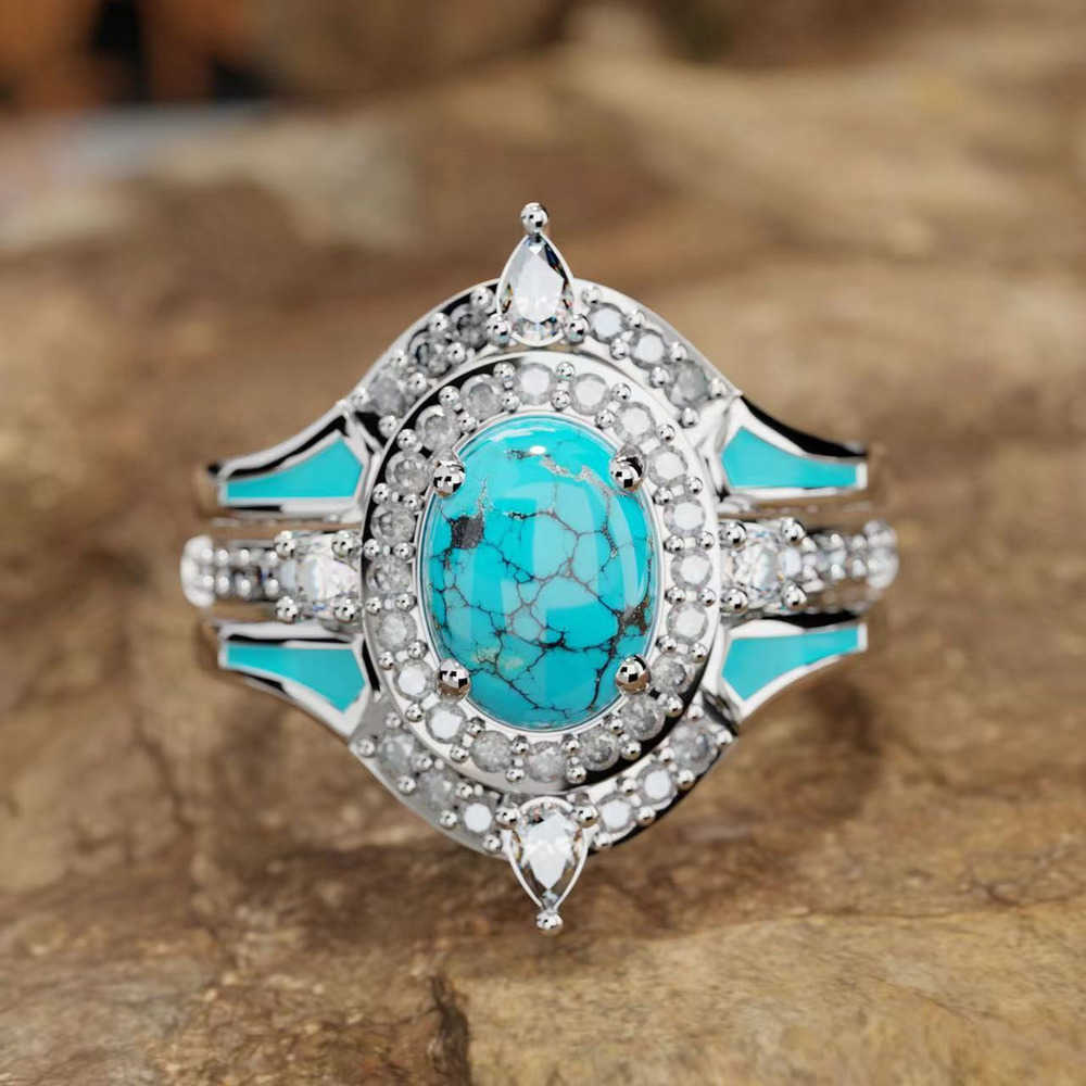 Couple Rings Sanjie New Product Fashion Diamond Set Blue Turquoise Three Piece Ring Set H25303