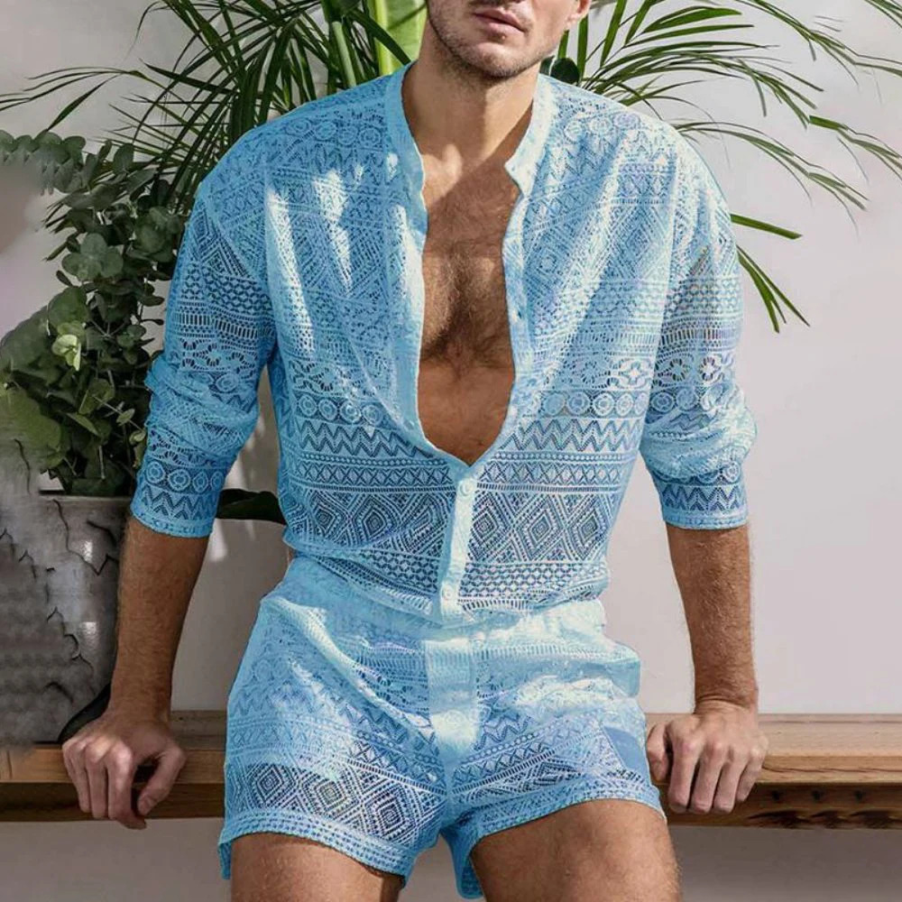 Mens Fashion Set Summer Hollow Out Sexy Lace Shorts Pattern Print Shirt Two Piece Suits Trendy Elegant Beach Clothes Outfits 250227