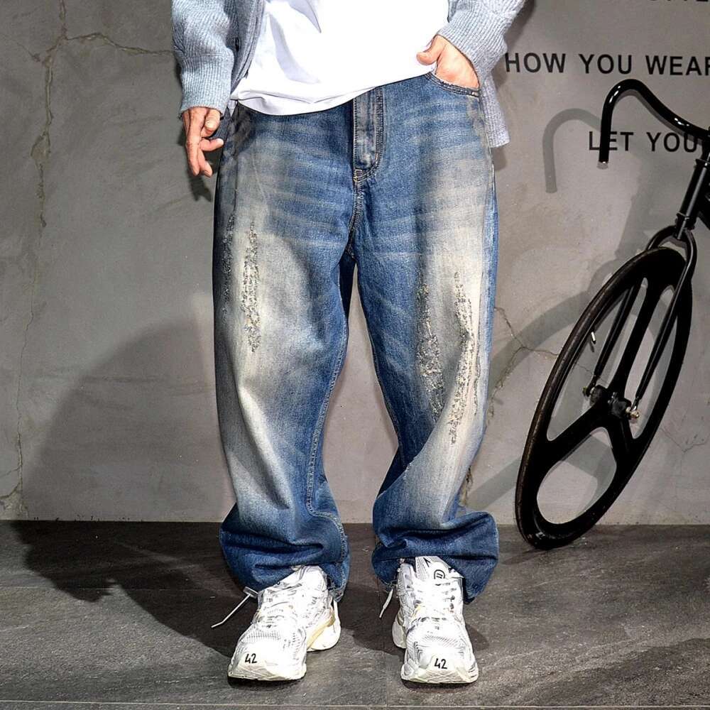 High Quality Fashion Distressed Scratch Ripped Baggy Jeans For Men Dirty Blue Denim Cargo Pants Streetwear Skateboard Trousers