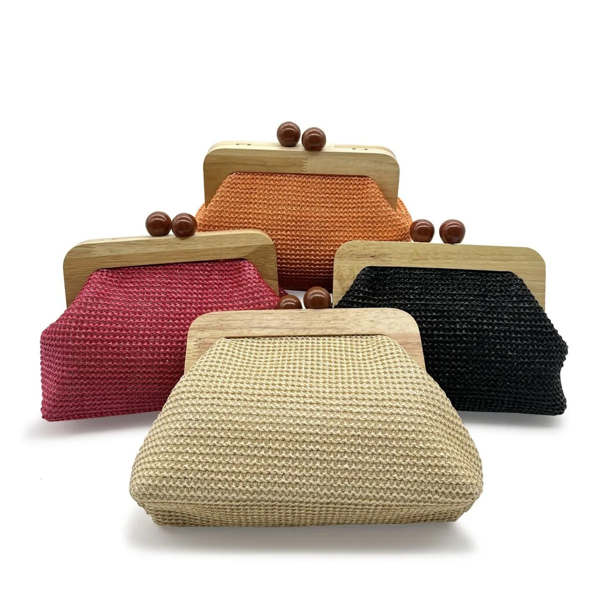 Fashion Wooden Clip Shell Clutch Bags for Women Straw Chains Shoulder Crossbody Casual Summer Beach Bag Elegant Party Purse 250303