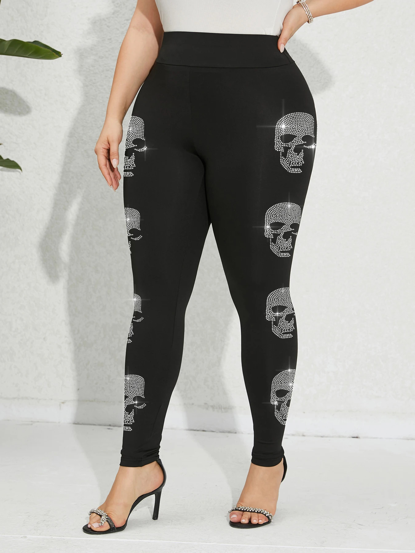 Plus Size Womens Pants Skeleton Pattern Leggings Gym Elasticity Sports Tights Casual Youthful Female Clothing Winter 250304