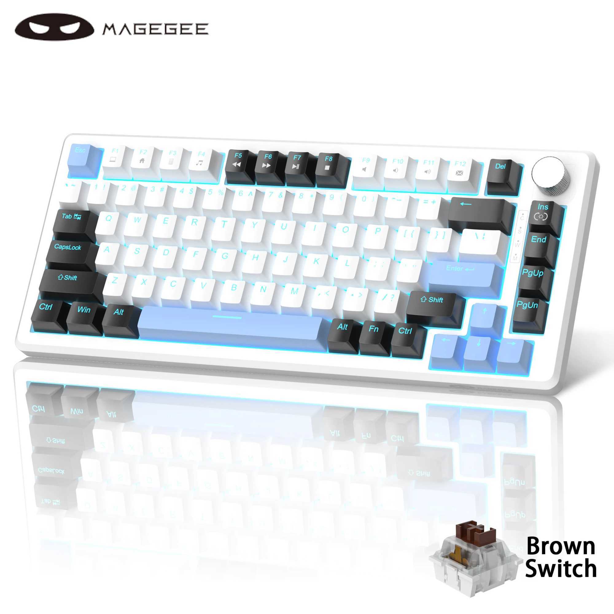 MageGee 75% mechanical gaming keyboard with knob control compact blue backlit wired keyboard with black/brown switch suitable for PC Windows Z250304