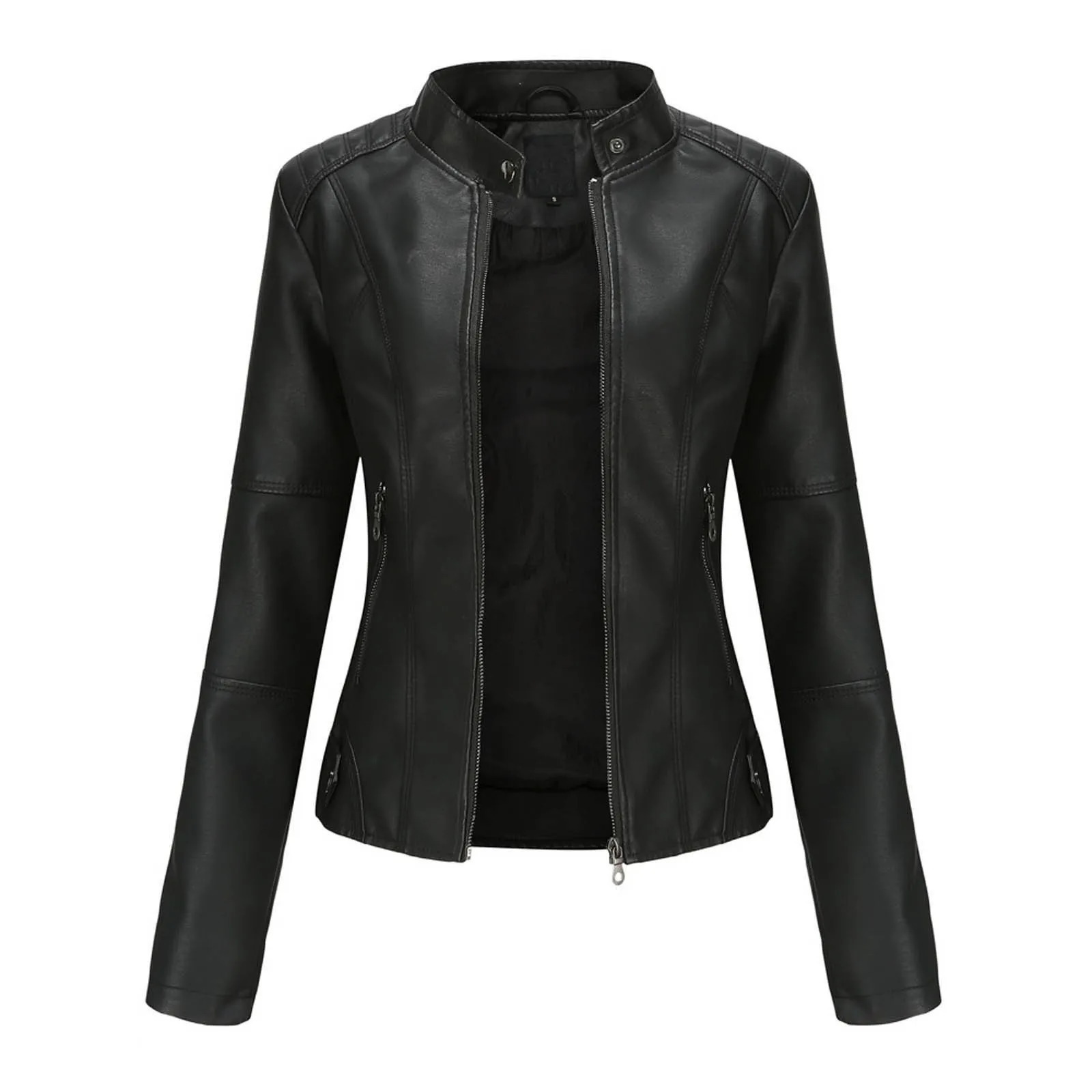 Womens Solid Color Pu Leather Jackets Slim Fit Zipper Bomber Coat Turtleneck Motorcycle Jacket 250226