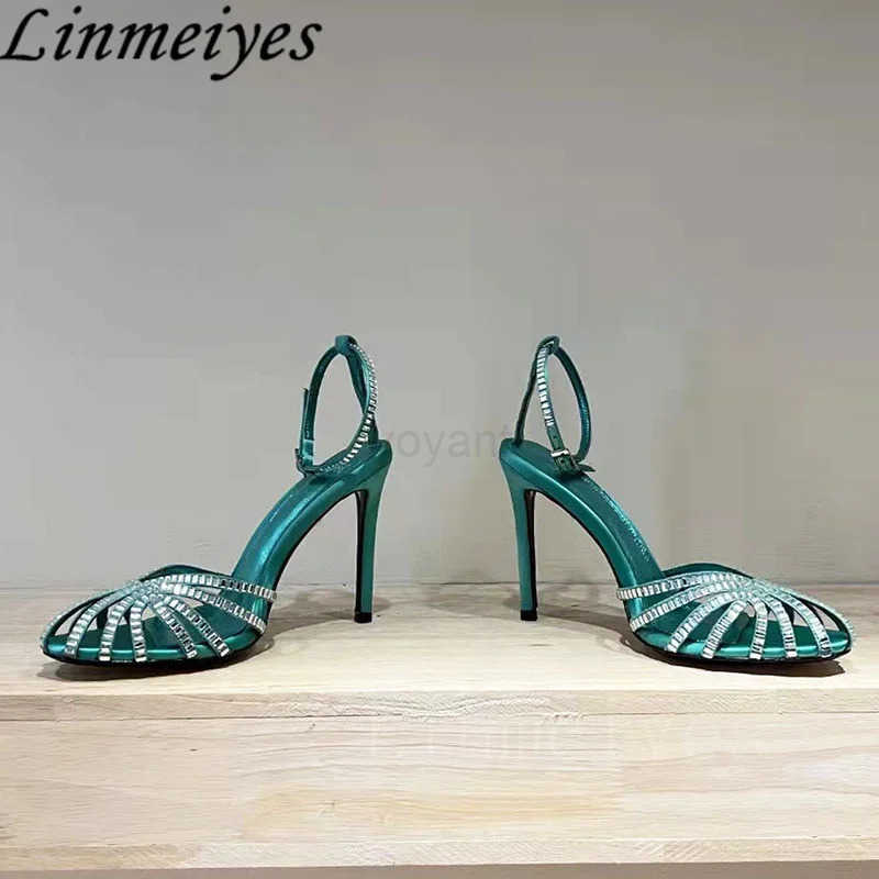 Rhine Sandals Wan High H Hollow Outs Summer Sandalias Wan Ankle Strap Crystal Shoes Wen Stiletto Sandals Wan Z250304