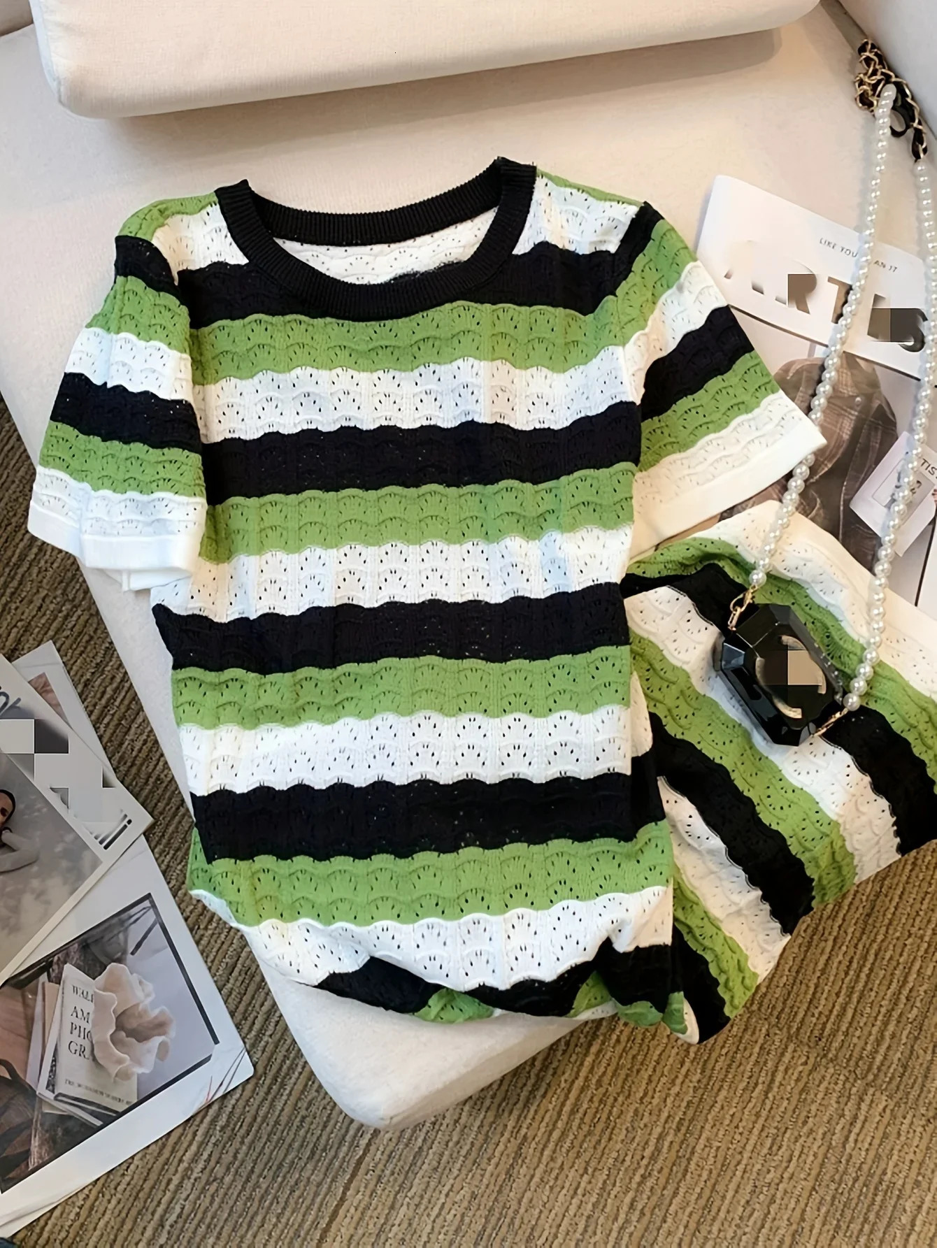 2024 Colorful Striped Crew Collar Dress Fashion Short Sleeve Pocket Hip Mini Knitted SpringSummer Womens Wear 250227Z