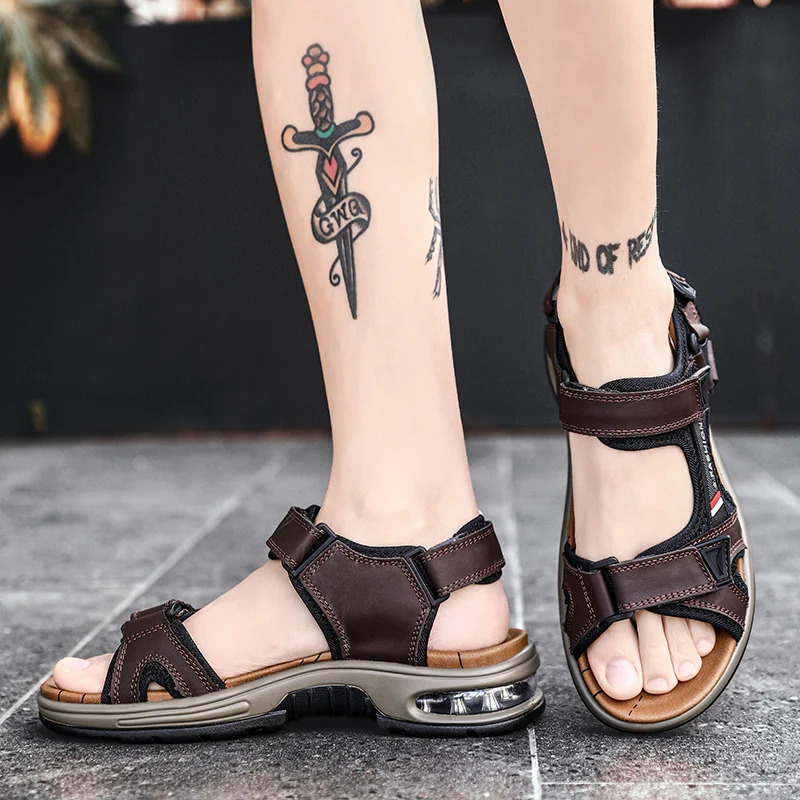 Summer Mens Sandals Genuine Leather Men Slippers Gladiator Men Beach Sandals Soft Comfortable Outdoors Wading Shoes 38- 250303
