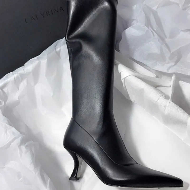 Winter New Thin Heel Cotton Boots Wens Fion Pointed Side Zipper Anti-slip Wear-resistant High Boots Z250304
