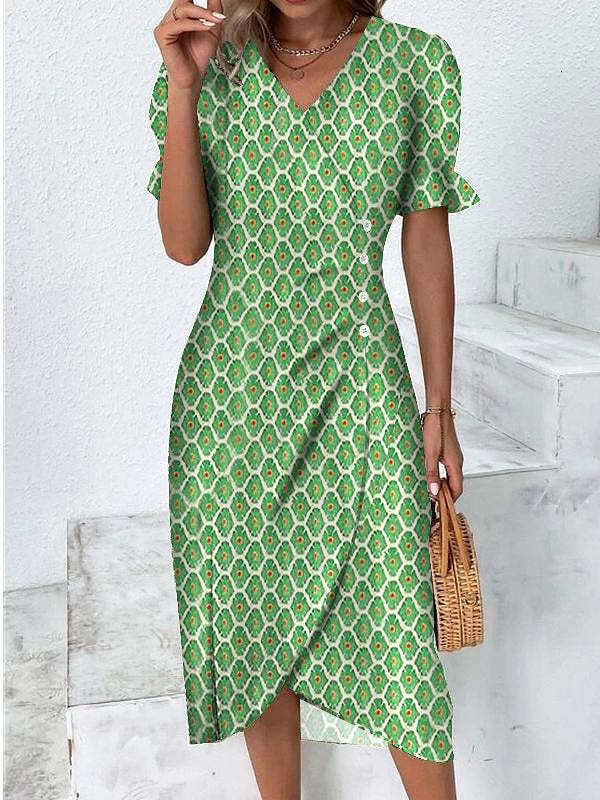 A large number of hot selg summer styles, geometric collage bubble sleeves, irregular hem dresses, 2025 new casual and versatile fashionable clothing