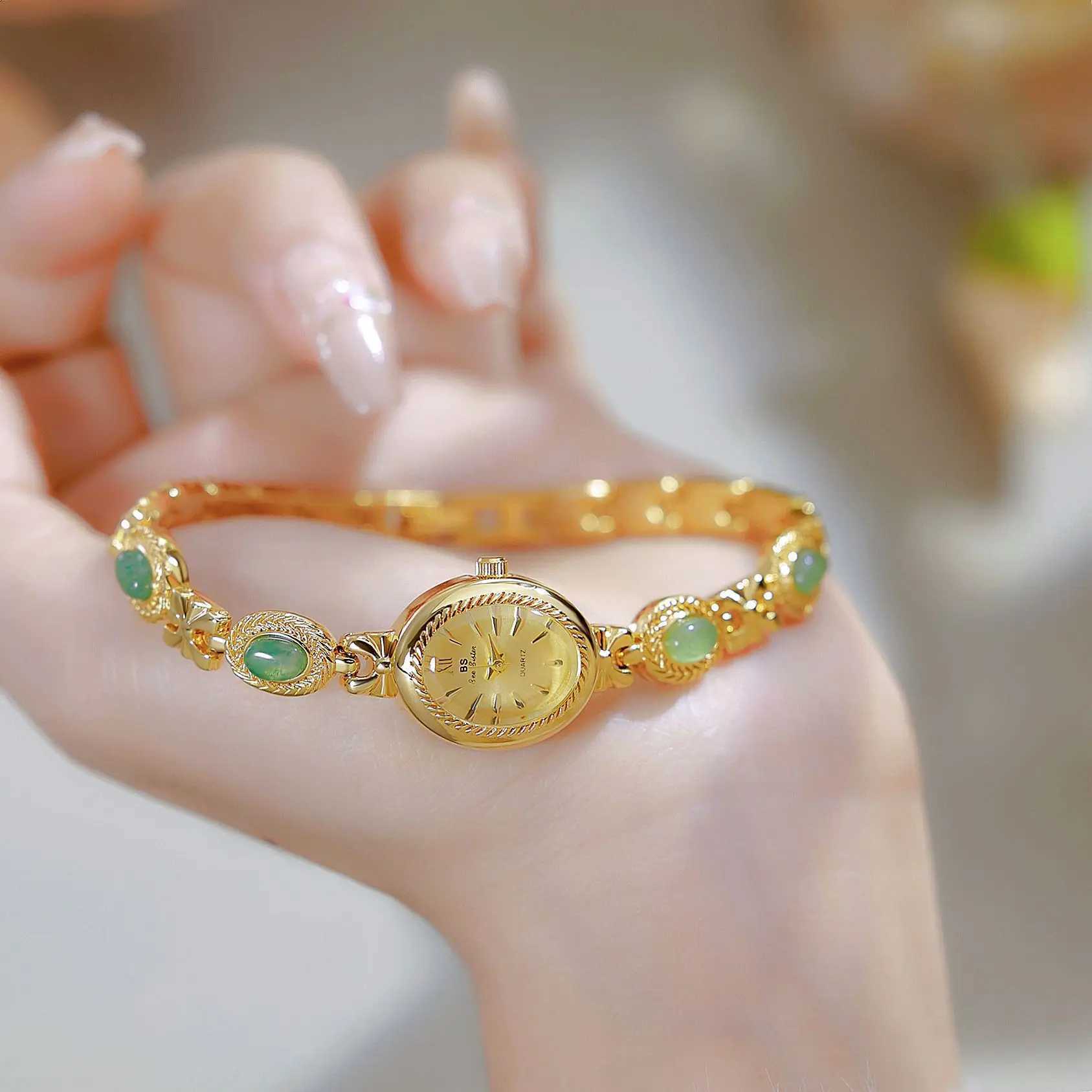 High-End Luxury Women Fashionable Retro Oval Quartz Ladies Drs Natural Jade Gold Bracelet Wrist Small DialXJ250304
