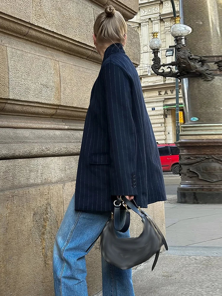 Stripe Womens Blazer Coat Fashion Stand Up Collar Long Sleeve Female Coats 2025 Spring Fashion Loose Pocket Lady Outwear 250303