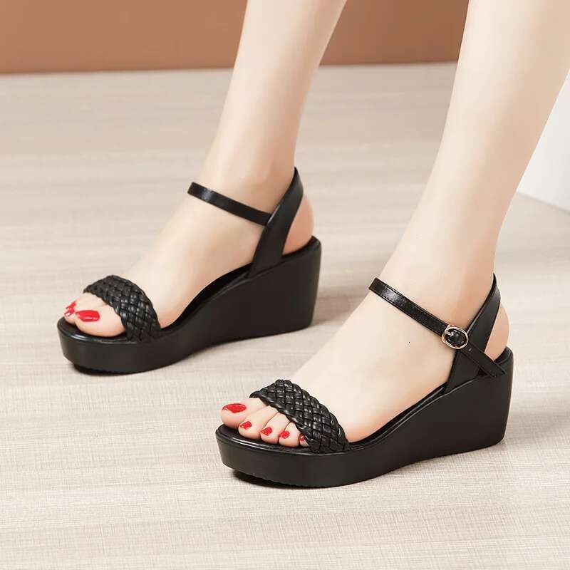 summer high quality leather wedge sandals for women 6cm mid heel new 2025 size 32 33 platform open toe elegant shoe black white