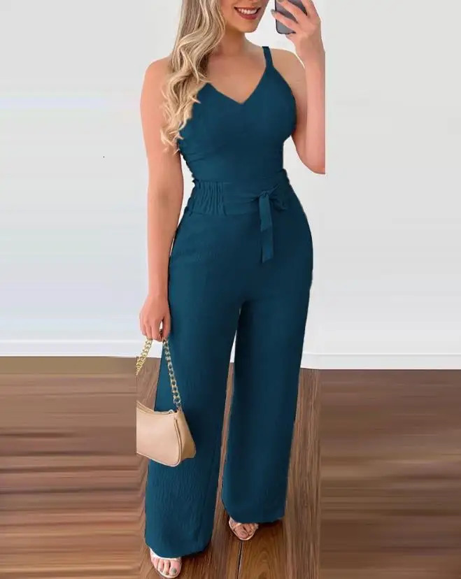 Summer Woman Long Jumpsuits Elegant Sexy V-Neck Shirred Cami Top High Waist Pants Set Fashion Casual One Pieces 250303