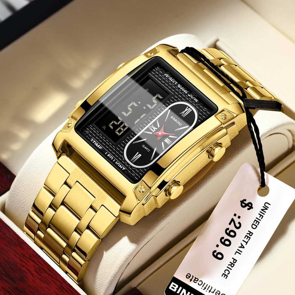 BINBOND Top Brand Luxury es for Men Fashion Quartz Wrist Square Gold Stainl Steel Busin Clock Mens WatchXJ250304