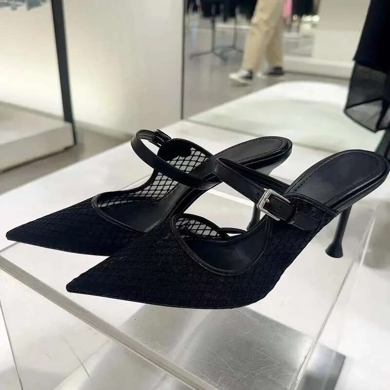 Mules High Heels Shoes for Laides Sexy Pointed Toe 2025 Summer Stilettos Black Hollow Breathable Mesh Vintage Women's Sandals