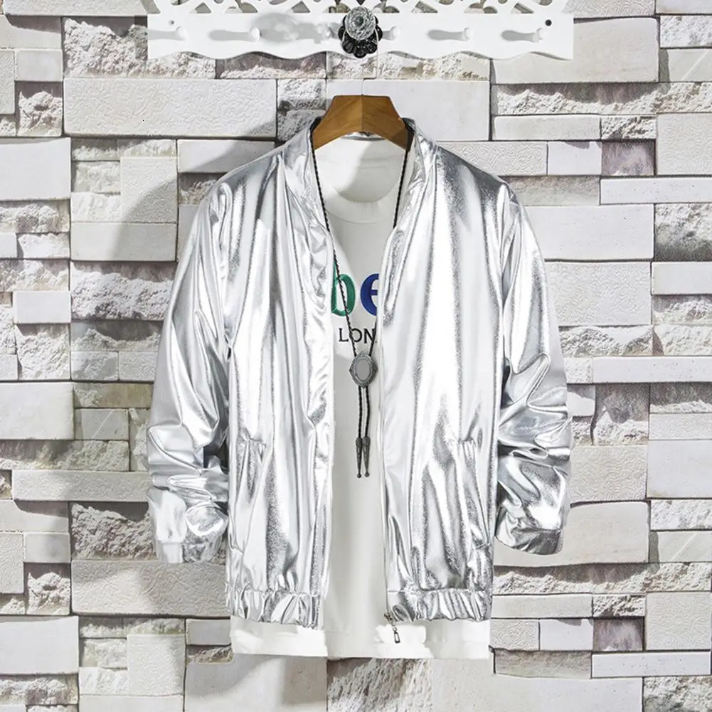 Mens Sparkling Long Sleeve Jacket Outerwear Keep Warm Cotton Blend Coat Autumn Shining Zipup Streetwear Daily Wear 250304